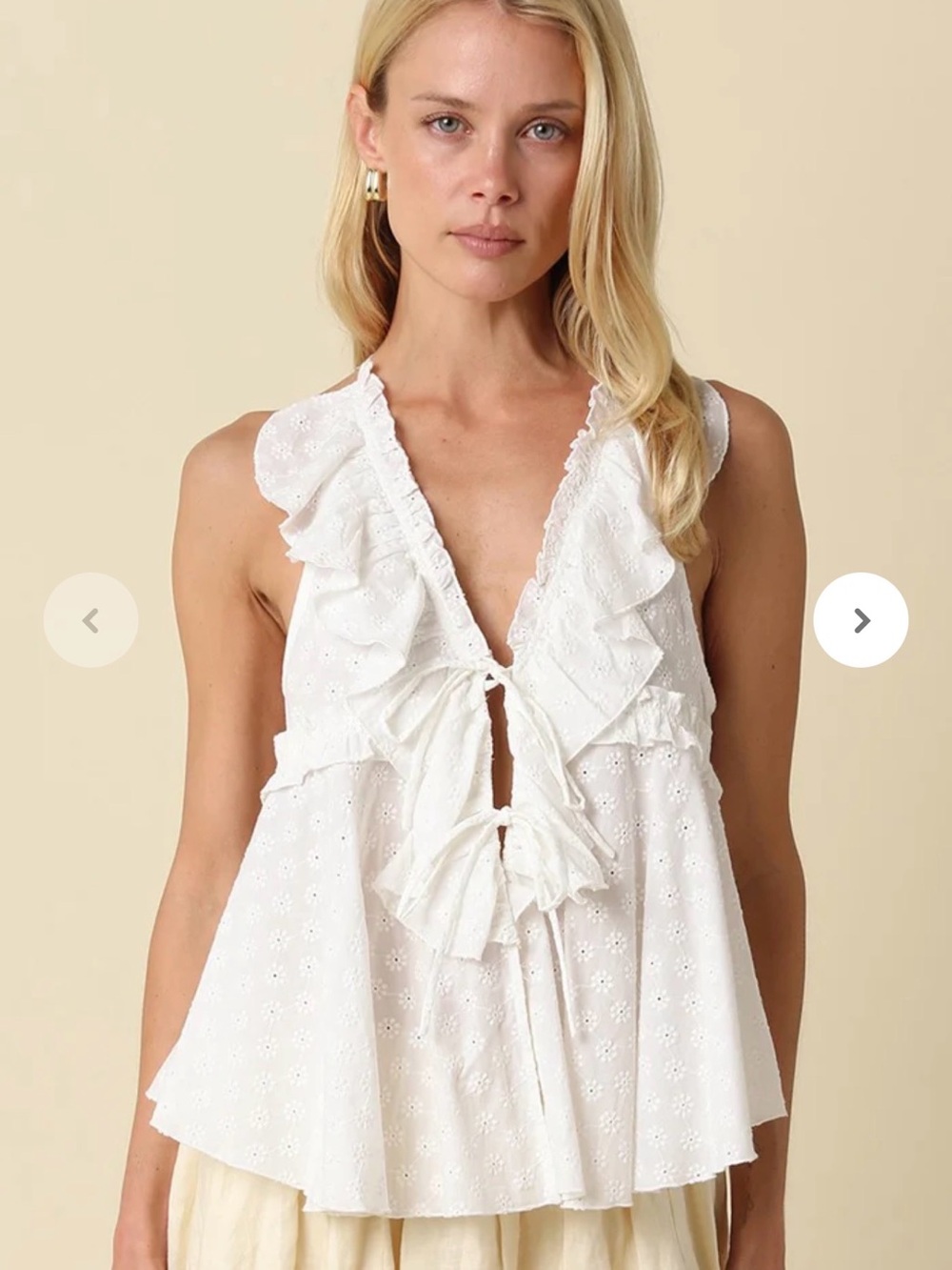 White Eyelet Ruffle Tie-Front Sleeveless Top